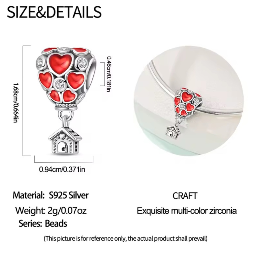 🌟S925 Sterling Silver House Hot Air Heart Balloon Charm - Picture 5 of 10